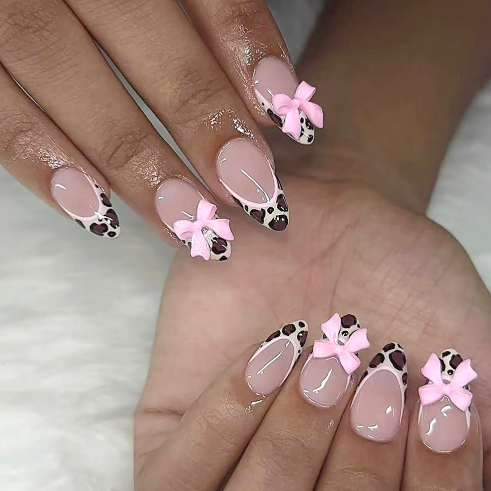 Pink 24Pcs Leopard Print Almond Press On Nails With Bow, Medium Reusable Fake Nails For Women