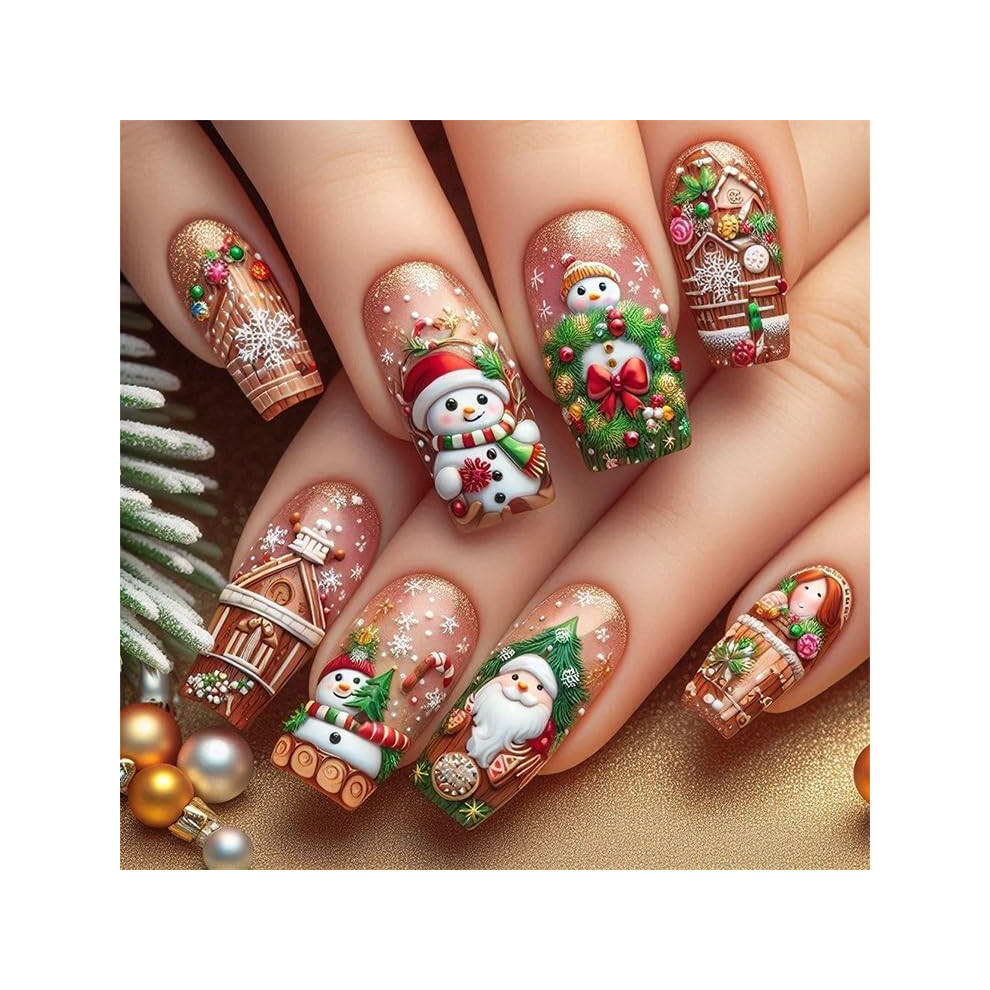 Christmas Press on Nails Set Short Coffin Glossy Reusable Fake Nails with Snowman and Holiday Design