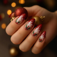Christmas Press on Nails Red French Tip Almond Shape with Snowflake Holiday Design Reusable Set 24 Pcs