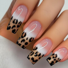 Leopard Print Press on Nails Gold Glitter French Tip Medium Square Fake Nail Set 24 Pcs LongLasting Wear