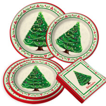 Red Christmas Tree Paper Plates and Napkins Set, Disposable Holiday Party Tableware for 20 Guests