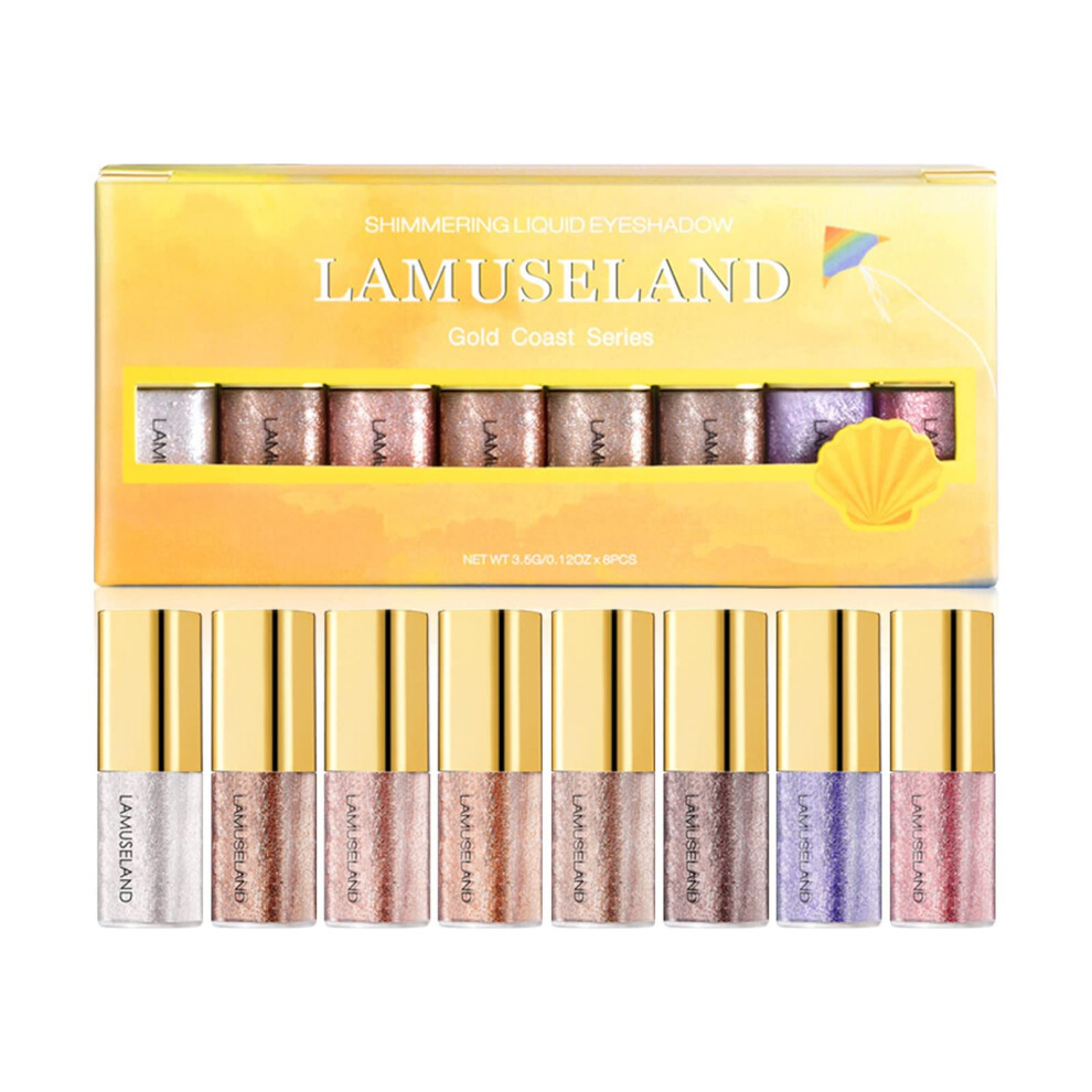 Glitter Liquid Eyeliner and Metallic Glitter Eyeshadow Set Waterproof Smudgeproof Eight Shades Long Lasting Shimmer Eye Makeup Multicolour 3ML