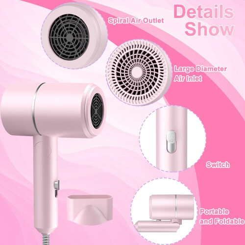 Foldable Travel Hairdryer with Concentrator,Pink 2