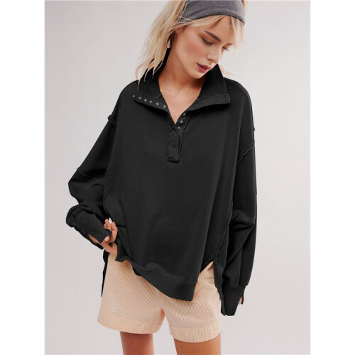 Women'S Button Oversized Side Slit High Low Sweatshirt Long Sleeve Reverse Seam Pullover Tunic Tops Black S 1