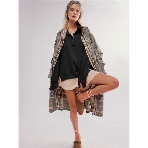 Women'S Button Oversized Side Slit High Low Sweatshirt Long Sleeve Reverse Seam Pullover Tunic Tops Black XL 2