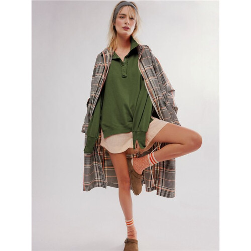 Women'S Button Oversized Side Slit High Low Sweatshirt Long Sleeve Reverse Seam Pullover Tunic Tops Army Green M 2