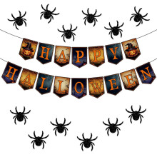 Happy Halloween Banner with 12PCS Spider Pumpkin Flags, Reusable Cardstock Bunting for Party Decor