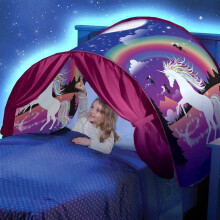 (Unicorn no light) Kids Bed Dream Tent Light Show Storage Pocket Foldable Mosquito Net Bedroom Toy