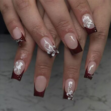 French Tip Press On Nails with Flower Design, Short Square Fake Nails Set 24Pcs, Instant Salon Manicure