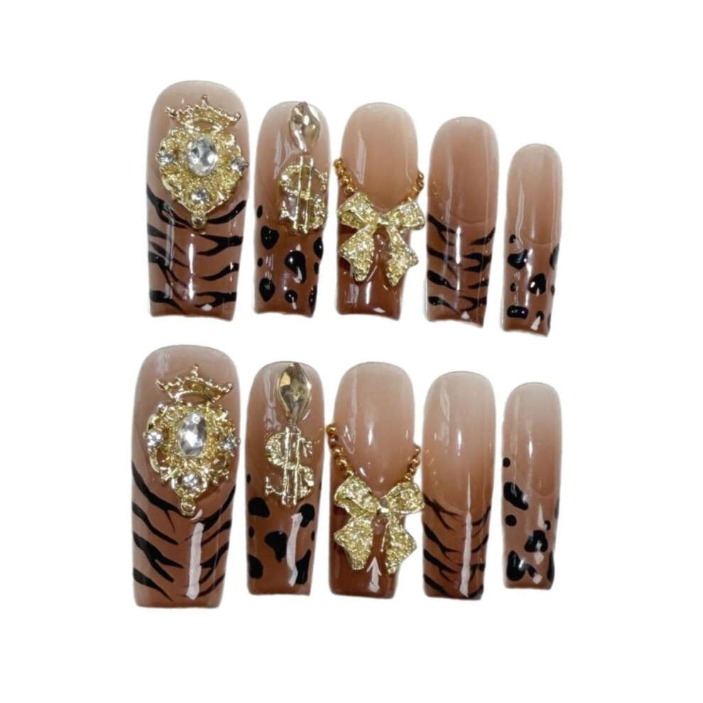 Gold Handmade Long Square Press On Nails Set Â Reusable Glossy Acrylic Fake Nails With Instant Salon Finish (Size L, Hustle)