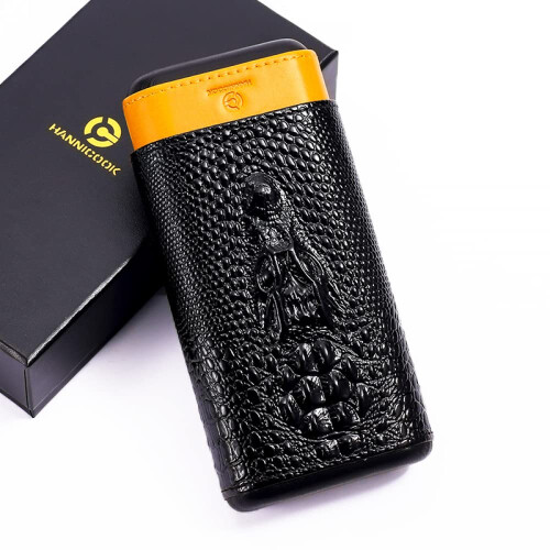 Leather Cigar Case with Cedar Wood Lining, ThreeSlot Eggplant Dragon Pattern, Gift Box 1