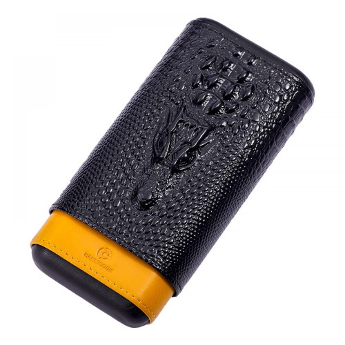 Leather Cigar Case with Cedar Wood Lining, ThreeSlot Eggplant Dragon Pattern, Gift Box 2