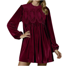 Women's A-line velvet lace bodysuit with pleated-Burgundy XXL