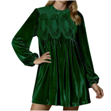 Women's A-line velvet lace bodysuit with pleated skirt,-Green L