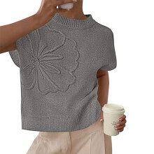 Women's Crewneck Sweater Vest Flower Jacquard Pattern-Silver L