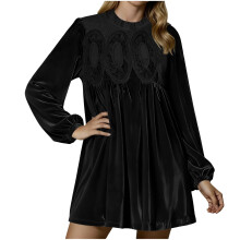 Women's A-line velvet lace bodysuit with pleated skirt,-Black S