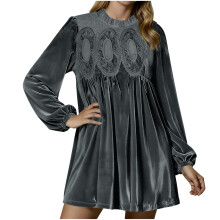 Women's A-line velvet lace bodysuit with pleated-Gray XXL