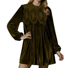 Women's A-line velvet lace bodysuit with pleated-Army Green M