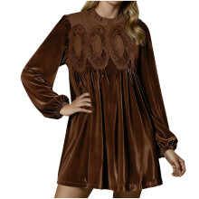 Women's A-line velvet lace bodysuit with pleated skirt,-Brown S
