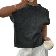 Women's 3D Floral Knit Sweater Vest Crew Neck Short-Gray M