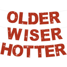 Red Glitter Older Wiser Hotter Birthday Banner for Women, PreStrung No DIY Reusable Party Decoration