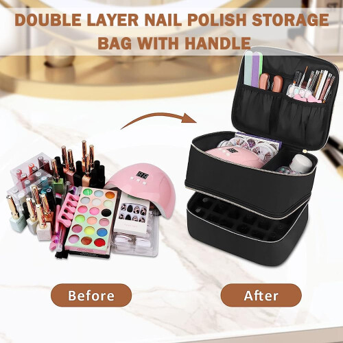 Nail Polish Storage Bag Double Layer Large Capacity Organizer Case with Handle Pink 1