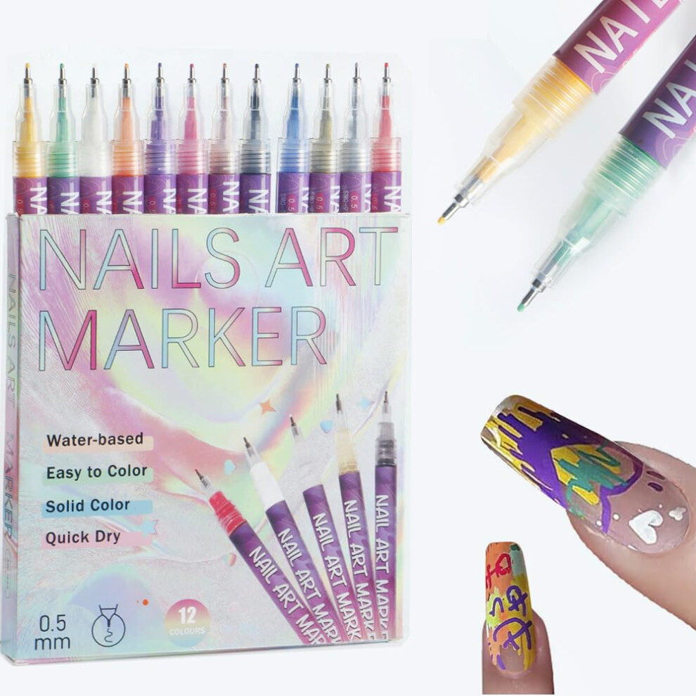 12 Colors Nail Art Pens Set, UltraFine 0.5mm QuickDry Nail Design Markers for Gel and Acrylic Nails