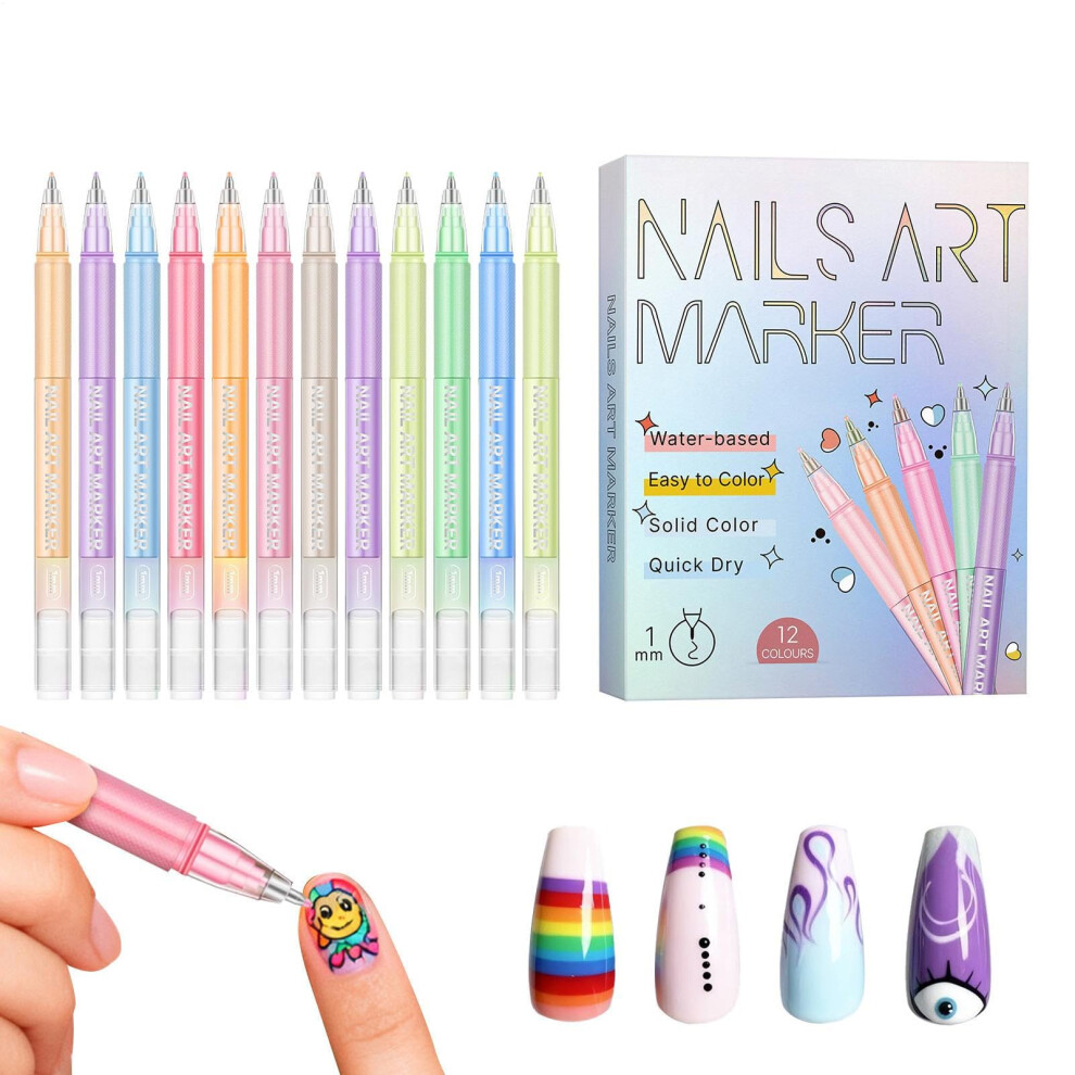 Gel Nail Polish Pens Set, 12 Vibrant Waterproof Colors Fine Tip QuickDry Nail Art Drawing Pens for Beginners