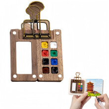 Walnut Wooden Watercolor Palette with Magnetic Sketchbook Attachment, Compact Travel Painting Set (8 Grid)