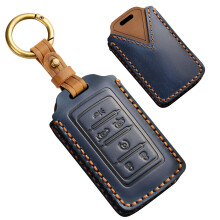 Key Fob Cover Blue Crazy Horse Leather Case for Jeep Cherokee Grand Cherokee Wagoneer 360 Protection