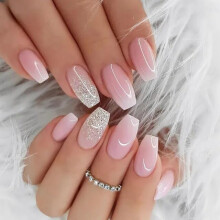 24 Pcs Short French Gradient Glitter Press On Nails Set, Rose Pink Fake Acrylic Nails with Glue and File
