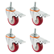 Heavy Duty 3 Inch PU Swivel Casters with Brake M16 Threaded Stem Red Silent Wheels Set of 4 for Furniture and Trolleys