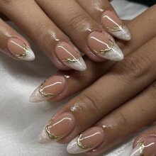French Tip Press On Nails Nude Pink Marble with Gold Accent, Almond Shape Fake Nails for Women, SalonQuality Finish
