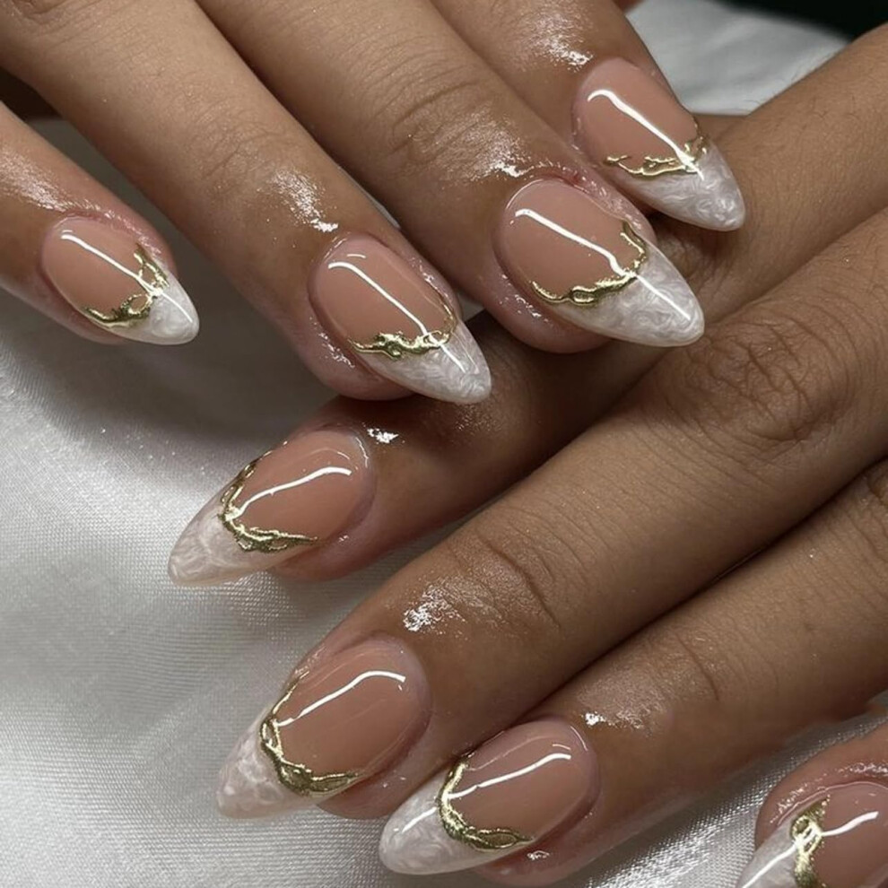 Pink,Cream,Gold French Tip Press On Nails Nude Pink Marble With Gold Accent, Almond Shape Fake Nails For Women, Salonquality Finish