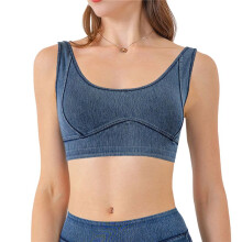 Damen Slim Cropped Jeansweste Stretch U-Ausschnitt Pullover Jeans Sport-BH Tanktop Mittelblau XXL