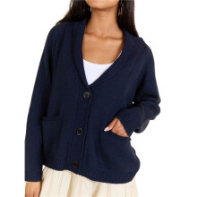 Flag Print Cardigan Casual Loose Long Sleeve V-Neck European and American Sweater Chunky Cardigan Navy  S