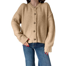 Long Sleeve Crewneck Button Down Womens Sweaters Fall Open Front Chunky Cardigan Sweaters for Women 2025 Deep Apricot L
