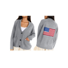 Flag Print Cardigan Casual Loose Long Sleeve V-Neck European and American Sweater Chunky Cardigan Grey L
