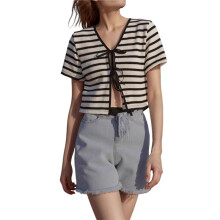 Women'S Stripe Tie Front Short Sleeve Crop Cardigan Shrug Sweater Top Apricot M