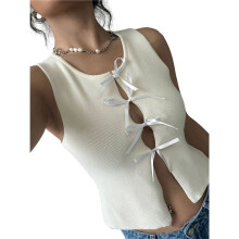 Womens Summer Sleeveless Crop Tank Tops Crew Neck Fitted Y2k Ribbed Knit Sweater Vest White XL