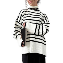 Women'S Striped Highneck Pullover Sweater All-Match Loose Sweater White S