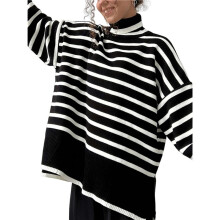 Women'S Striped Highneck Pullover Sweater All-Match Loose Sweater Black M