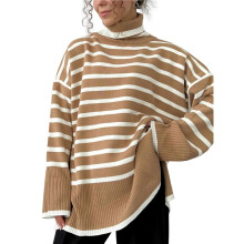 Women'S Striped Highneck Pullover Sweater All-Match Loose Sweater Khaki L