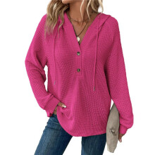 Hoodies for Women Waffle Knit Long Sleeve Drawstring Button V Neck Casual Pullover Sweatshirt Hooded Tops Rose Red M