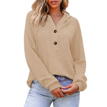 Hoodies for Women Waffle Knit Long Sleeve Drawstring Button V Neck Casual Pullover Sweatshirt Hooded Tops Apricot S