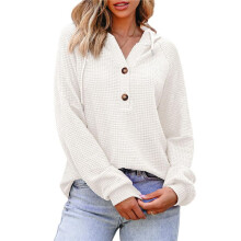 Hoodies for Women Waffle Knit Long Sleeve Drawstring Button V Neck Casual Pullover Sweatshirt Hooded Tops White XXL