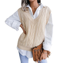 Women Teen Girls Cable Knit Sweater Pullover Casual Tops Sleeveless Winter Autumn Preppy Clothes Apricot M