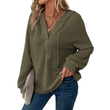 Hoodies for Women Waffle Knit Long Sleeve Drawstring Button V Neck Casual Pullover Sweatshirt Hooded Tops Army Green M