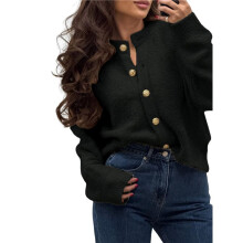 Long Sleeve Crewneck Button Down Womens Sweaters Fall Open Front Chunky Cardigan Sweaters for Women 2025 Black L