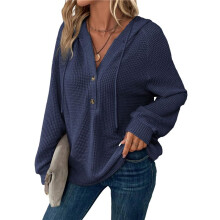 Hoodies for Women Waffle Knit Long Sleeve Drawstring Button V Neck Casual Pullover Sweatshirt Hooded Tops Navy XL